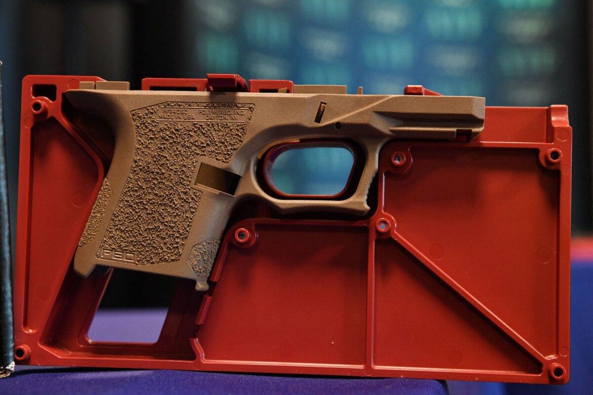 So-called ghost guns seized in federal law enforcement actions are displayed at the Bureau of Alcohol, Tobacco, Firearms, and Explosives (ATF) field office in Glendale, Calif., on April 18, 2022. (Robyn Beck/AFP via Getty Images)