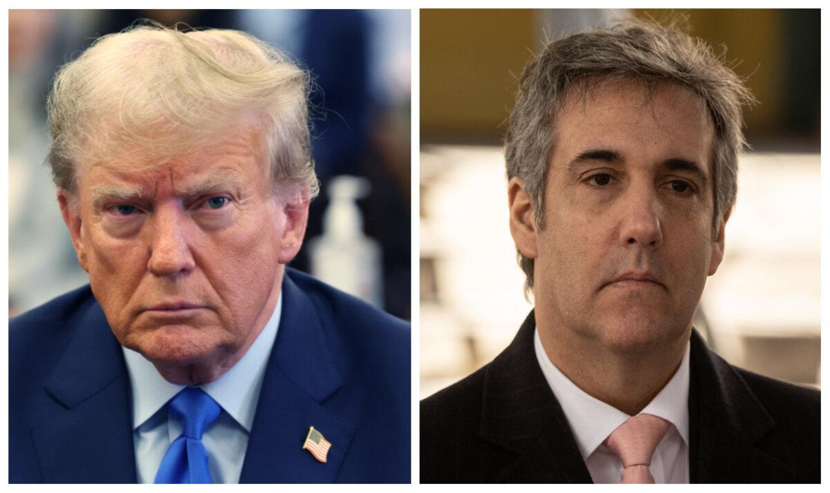 L: Former President Donald Trump at the start of his civil trial at New York state Supreme Court in New York City on Oct. 2, 2023. (Brendan McDermid-Pool/Getty Images) R: Former Trump Attorney Michael Cohen leaves the district attorney's office after completing his testimony before a grand jury in New York on March 15, 2023. (Yuki Iwamura/AFP via Getty Images)