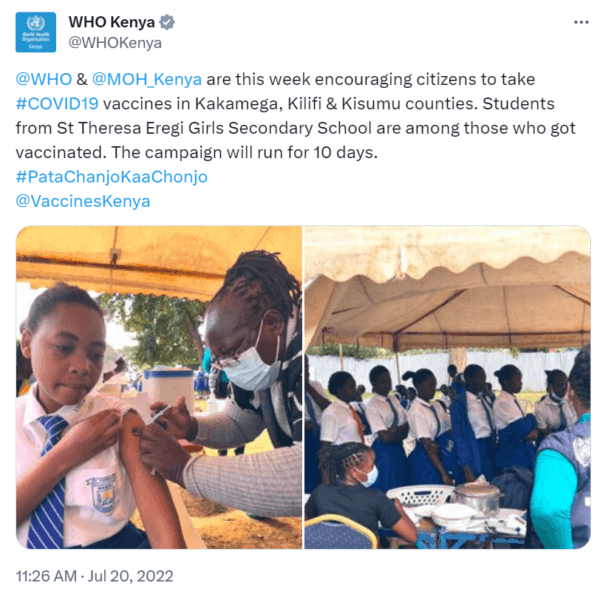 Students in Kenya getting the COVID-19 vaccine. (Courtesy of the World Health Organization)