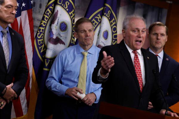 (L–R) Homeland Security Committee Chairman Mark Green (R-Tenn.), House Judiciary Committee Chairman Jim Jordan, House Majority Leader Steve Scalise (R-La.) and Rep. Michael Guest (R-Miss.) hold a news conference at the U.S. Capitol in Washington on April 27, 2023. (Chip Somodevilla/Getty Images)