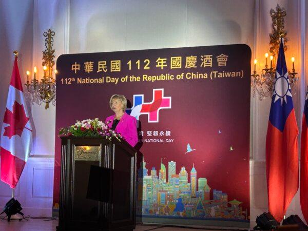 Liberal MP Judy Sgro addresses the audience during an event commemorating the 112th National Day of the Republic of China (Taiwan) in Toronto on Oct. 5, 2023. (Andrew Chen/The Epoch Times)
