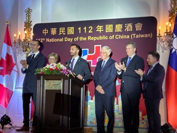 Members of the Ontario Provincial Legislature address the audience at an event commemorating the 112th National Day of the Republic of China (Taiwan) in Toronto on Oct. 5, 2023. (L–R) Progressive Conservatives Nolan Quinn, Robin Martin, Ontario Education Minister Stephen Lecce, Ernie Hardeman, Brian Saunderson, and Anthony Leardi. (Andrew Chen/The Epoch Times)