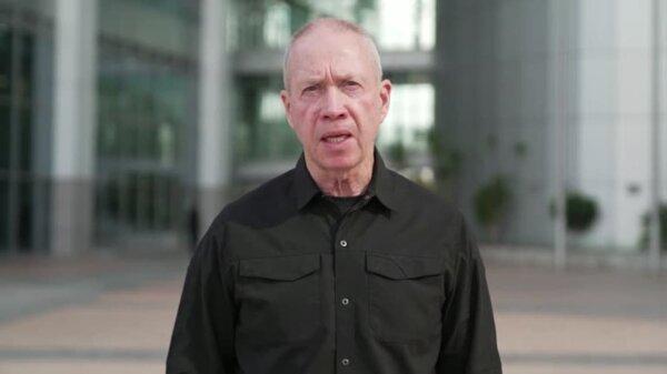 Israeli Defense Minister Yoav Gallant speaks from Tel Aviv, Israel, on Oct. 7, 2023. (Israeli Ministry of Defense/Keyframe from video via Reuters)