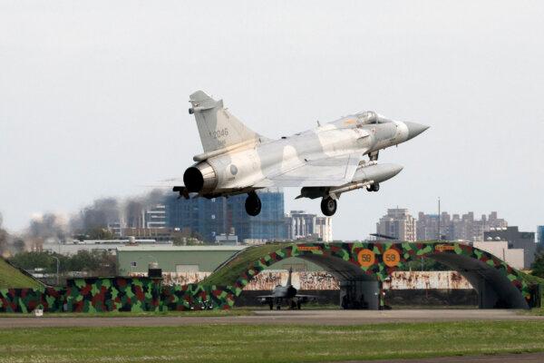 A Taiwanese Air Force Mirage 2000 fighter jet lands at an air force base in Hsinchu, northern Taiwan on April 9, 2023. (Jameson Wu/AFP via Getty Images)