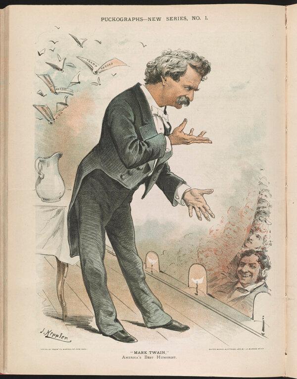 "Mark Twain, America's Best Humorist," by J. Keppler. Illustration in Puckographs. (Public Domain)
