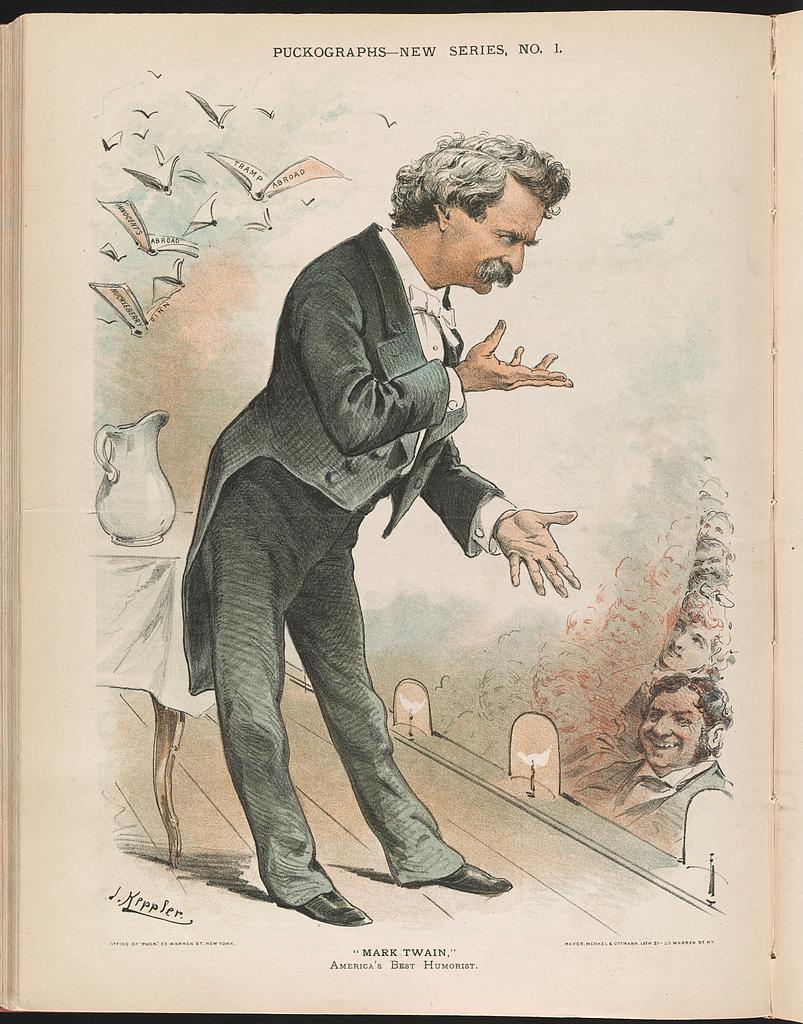 "Mark Twain, America's Best Humorist," by J. Keppler. Illustration in Puckographs. The writer was a tremendous public speaker as well. (Public Domain)
