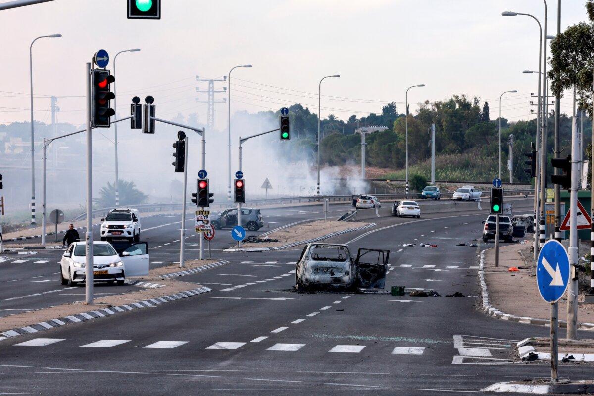 A view of an intersection shows the aftermath of a mass infiltration by Hamas terrorists from the Gaza Strip in the Sderot area in southern Israel on Oct. 7, 2023. (Ammar Awad/Reuters)