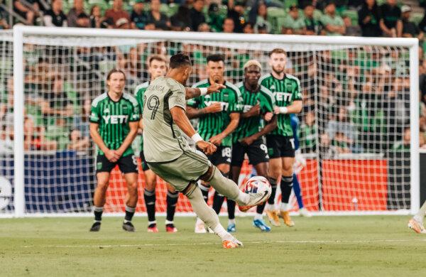 Los Angeles FC forward Denis Bouanga (99) takes a free-kick in a match against Austin FC at Q2 Stadium in Austin, Texas, on Oct. 7, 2023. (Courtesy of Los Angeles FC via The Epoch Times)