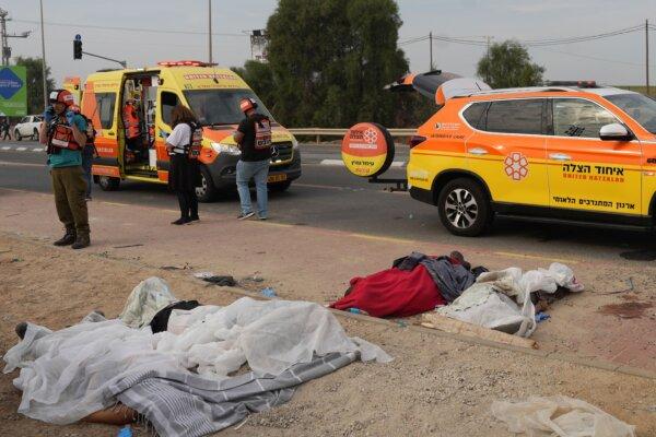 The bodies of civilians killed in the Hamas terrorist attacks are seen in the southern Israeli city of Sderot on Oct. 7, 2023. (Baz Ratner/AFP via Getty Images)