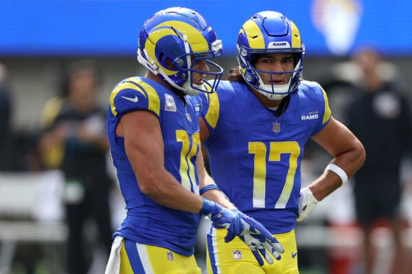Cooper Kupp (10) and Puka Nacua (17) of the Los Angeles Rams prepare for a play in the first quarter against the Philadelphia Eagles at SoFi Stadium in Inglewood, Calif., on Oct. 8, 2023. (Harry How/Getty Images)