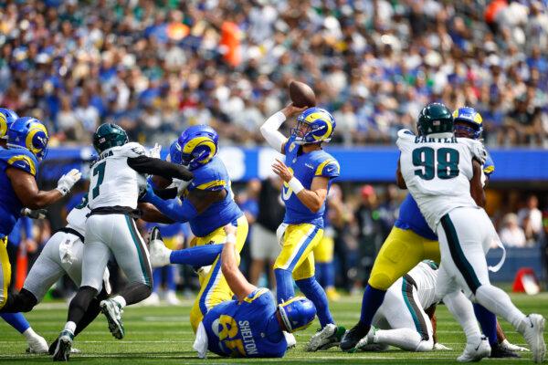 Matthew Stafford (9) of the Los Angeles Rams throws a pass in the first quarter against the Philadelphia Eagles at SoFi Stadium in Inglewood, Calif., on Oct. 8, 2023. (Ronald Martinez/Getty Images)