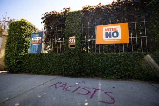 Graffiti and a “Vote NO” campaign sign is seen outside a home in Perth, Australia, on Oct. 7, 2023. (Matt Jelonek/Getty Images)