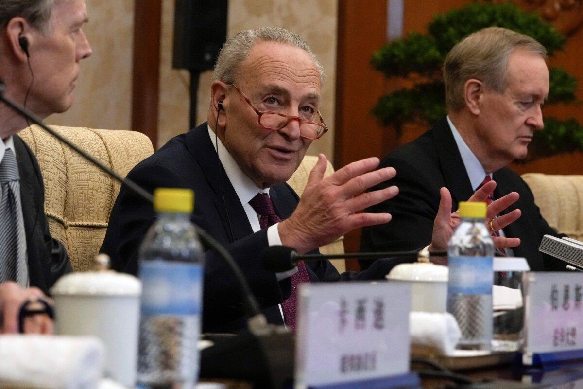 U.S. Senate Majority Leader Chuck Schumer Chuck Schumer (C) speaks with Chinese Foreign Minister Wang Yi (not pictured) at the Diaoyutai Guest House in Beijing on Oct. 9, 2023. (Andy Wong/AFP via Getty Images)