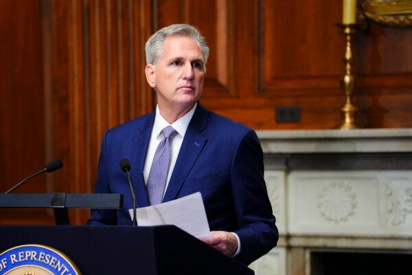 Rep. Kevin McCarthy (R-Calif.) speaks during a press briefing in the Rayburn Room of the U.S. Capitol in Washington on Oct. 9, 2023. (Madalina Vasiliu/The Epoch Times)