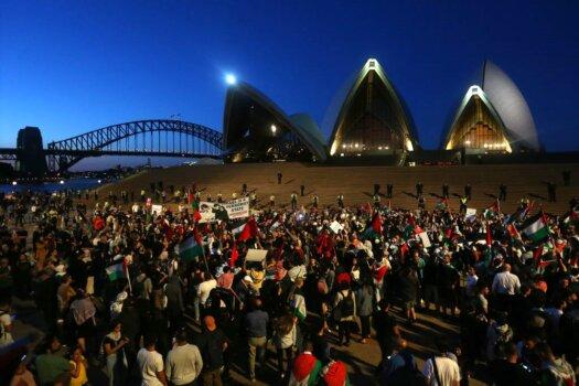 Palestine supporters rally outside the Sydney Opera House in Sydney, Australia, on Oct. 9, 2023. (Lisa Maree Williams/Getty Images)