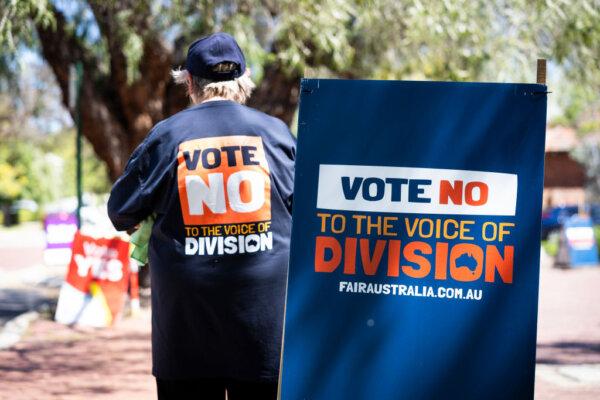“Vote NO” campaign signage is seen outside a polling centre in Perth, Australia, on Oct. 7, 2023. (Matt Jelonek/Getty Images)