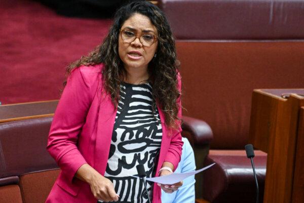 Senator Jacinta Nampijinpa Price speaking on the NT Safe Measures Bill in the Senate at Parliament House in Canberra, Australia, on Feb. 8, 2023. (Martin Ollman/Getty Images)