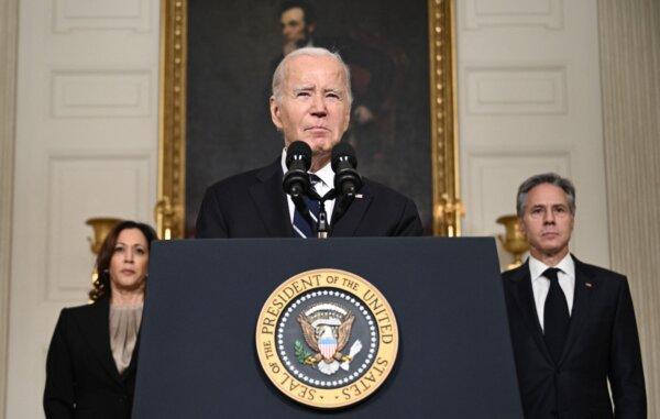 President Joe Biden speaks about the Hamas terrorist group's attacks on Israel as Vice President Kamala Harris and Secretary of State Antony Blinken look on in the State Dining Room of the White Houses on Oct. 10, 2023. (Brendan Smialowski/AFP via Getty Images)