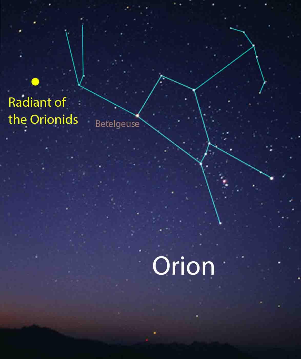 The Orionids' radiant point next to the constellation Orion, toward the east. (This image has been edited. Till Credner/<a href="https://commons.wikimedia.org/wiki/File:OrionCC.jpg">CC BY-SA 3.0</a>)