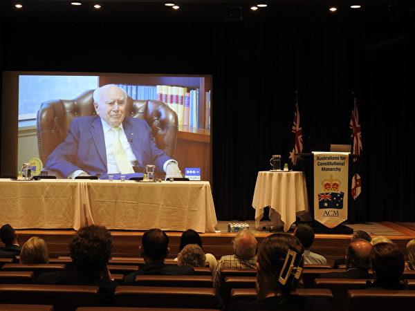 Former Prime Minister John Howard reiterated his opposition to The Voice in a video interview shown at the annual conference of Australians for Constitutional Monarchy on Oct. 9, 2023. (Rachel Qu/The Epoch Times)