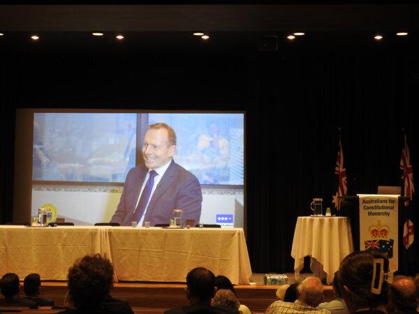 Former Prime Minister Tony Abbott in a video interview shown at the annual conference of Australians for Constitutional Monarchy on Oct. 9, 2023. (Rachel Qu/The Epoch Times)