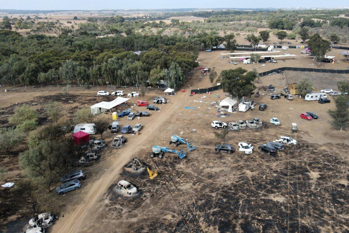 An aerial picture shows the abandoned site of the weekend music festival attacked on Oct. 7 by Hamas terrorists near Kibbutz Reim in the Negev desert in southern Israel, on Oct. 10, 2023. (Jack Guez/AFP via Getty Images)