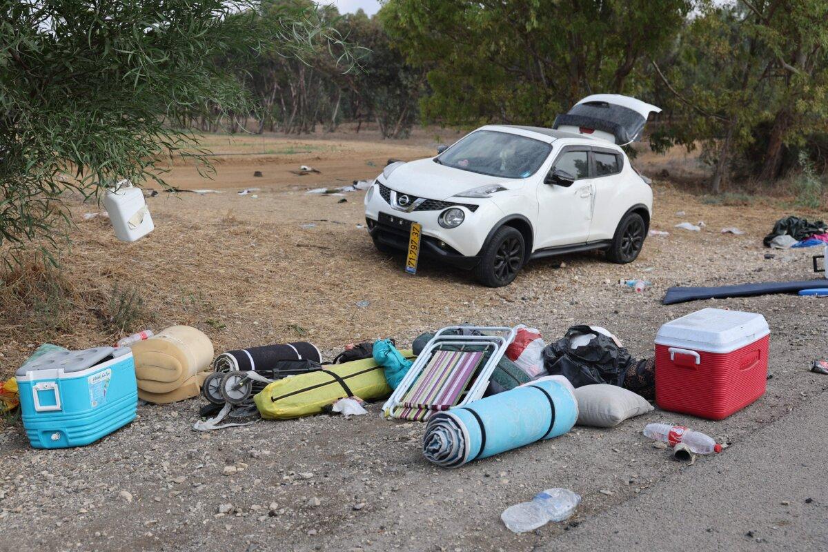 The abandoned site of the weekend music festival that was attacked by Hamas terrorists near the Re'im kibbutz in the Negev desert in southern Israel on Oct. 10, 2023. (Jack Guez/AFP via Getty Images)