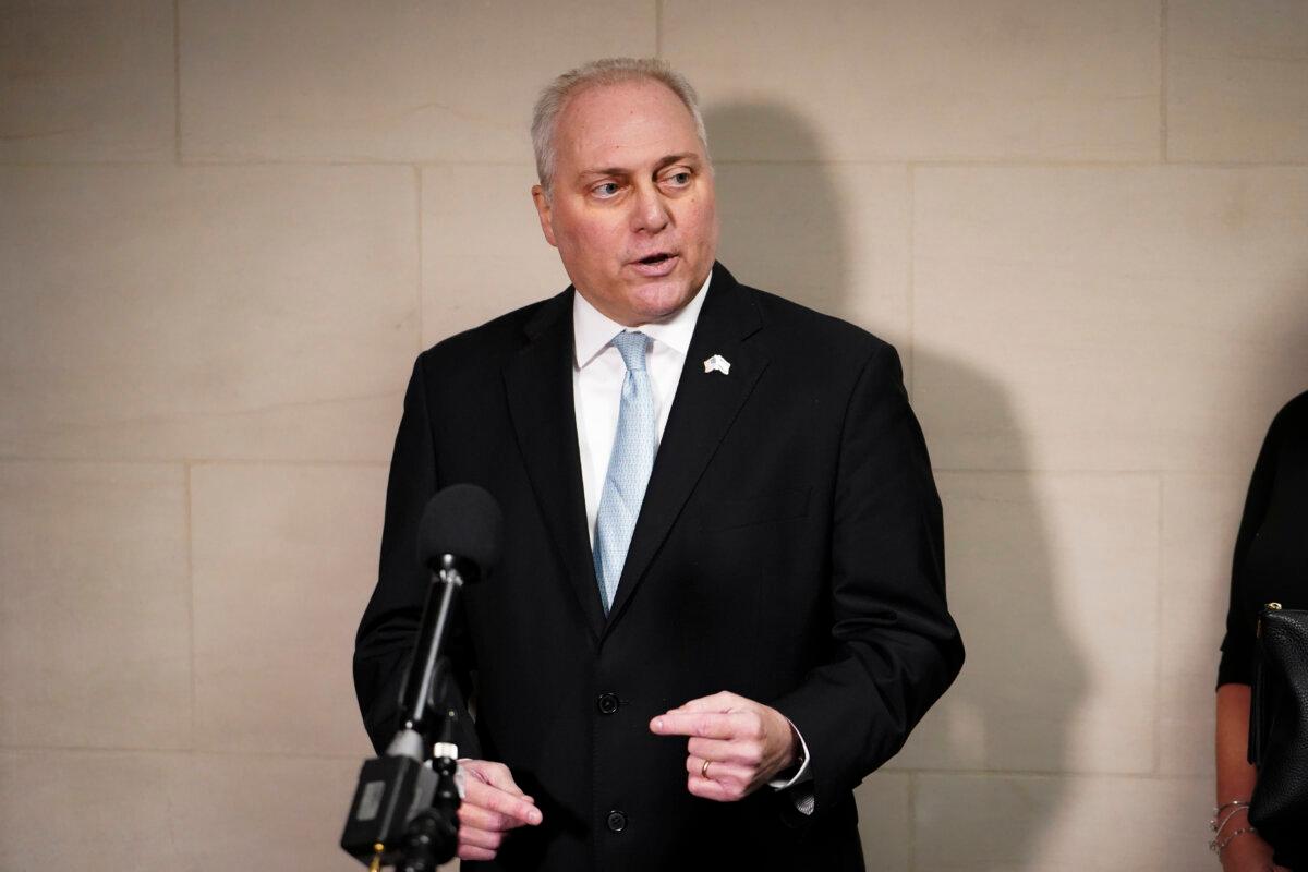 Rep. Steve Scalise (R-La.) speaks with reporters after being nominated as House Speaker in Washington on Oct. 11, 2023. (Madalina Vasiliu/The Epoch Times)