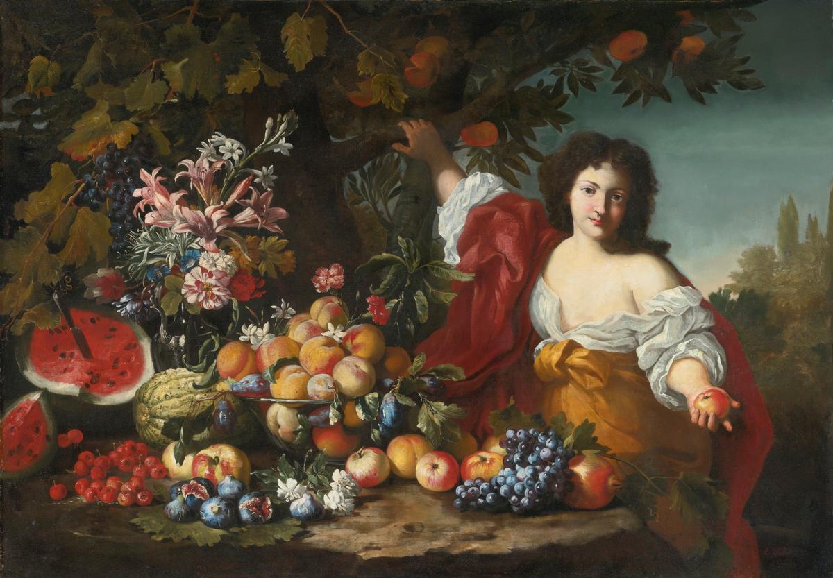 The Bermudas offered abundance of all good things. Still life of fruits and flowers with a figure, between 1650–97, by Abraham Brueghel and Guillaume Courtois. Oil on canvas. Private collection. (Public Domain)