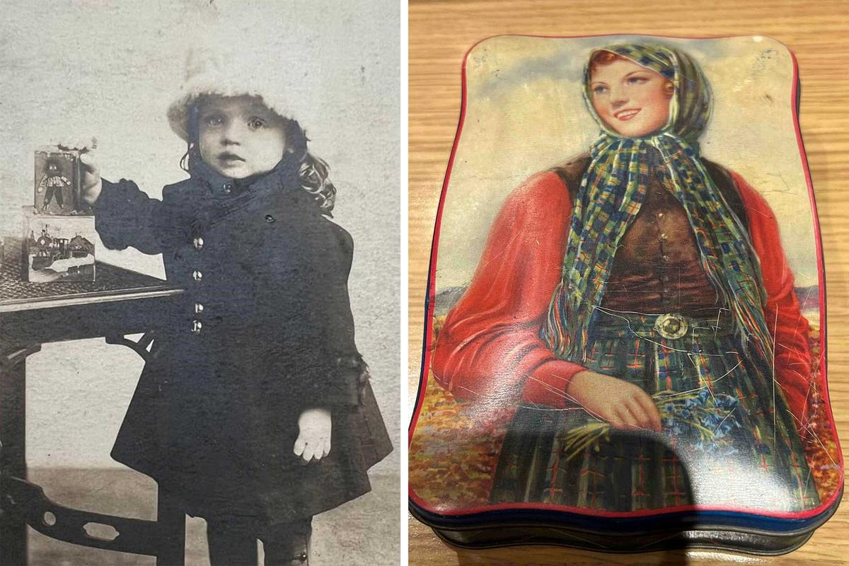 (Left) Vera Petchell around the age of 3; (Right) The toffee tin the chocolates were hidden in. (SWNS)