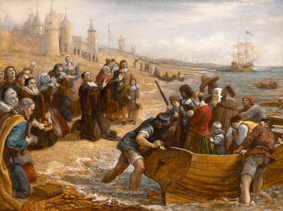 The pious set off for a new life. Painting study of "The Pilgrim Fathers: Departure of a Puritan family for New England," circa 1856, by Charles West Cope. Oil on canvas. (Public Domain)
