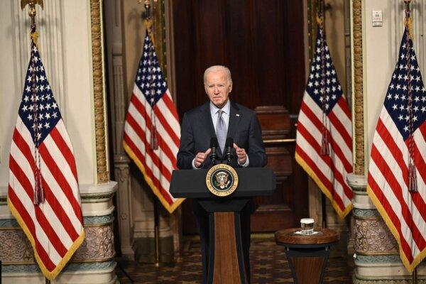 President Joe Biden speaks at a roundtable with Jewish community leaders in the Indian Treaty Room of the White House on Oct. 11, 2023. (Brendan Smialowski/AFP via Getty Images)