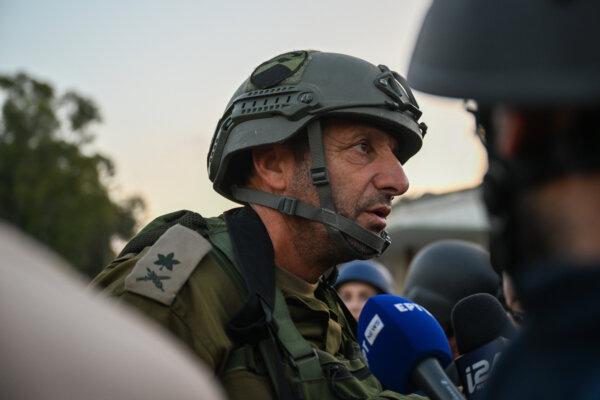Maj. Gen. Itai Veruv speaks to members of the media at Kibbutz Be'eri where dozens of civilians were killed days earlier by Hamas terrorists near the border with Gaza in Be'eri, Israel, on Oct. 11, 2023. (Alexi J. Rosenfeld/Getty Images)