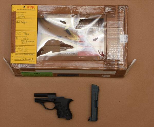 An undated image of a small black handgun found in Reed Wischhusen's house in Wick St. Lawrence, Somerset. (Avon and Somerset Police)