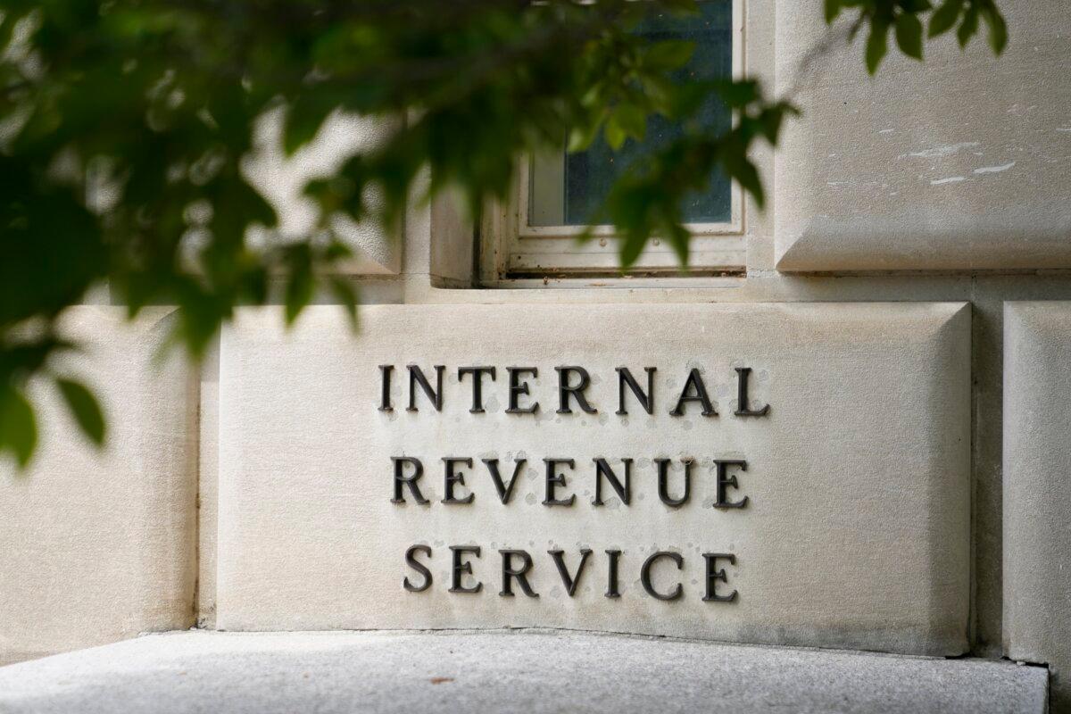 A sign outside the Internal Revenue Service building is seen in Washington on May 4, 2021. (Patrick Semansky/AP Photo)