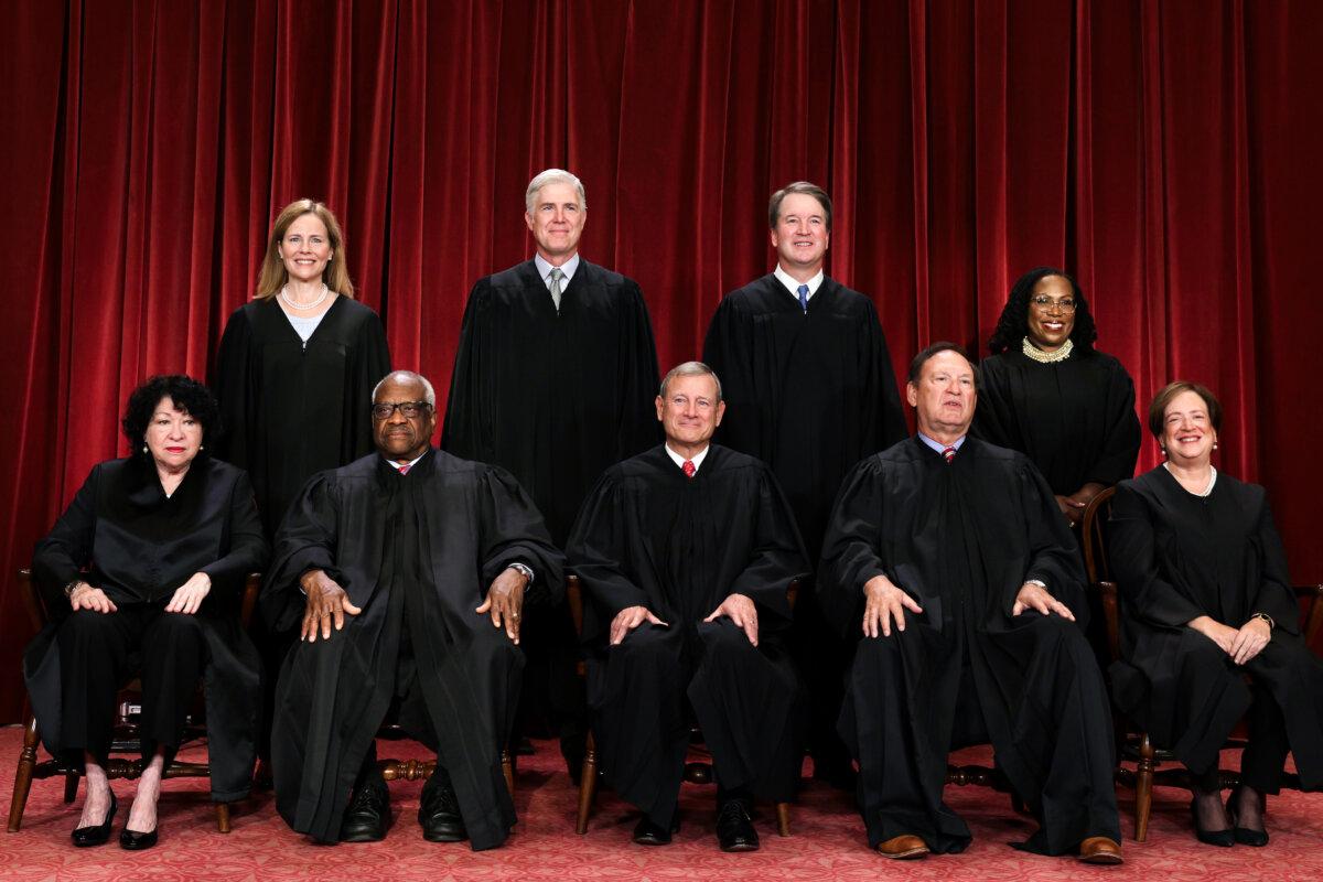 U.S. Supreme Court Justices pose for their official portrait at the Supreme Court in Washington on Oct. 7, 2022. (Alex Wong/Getty Images)