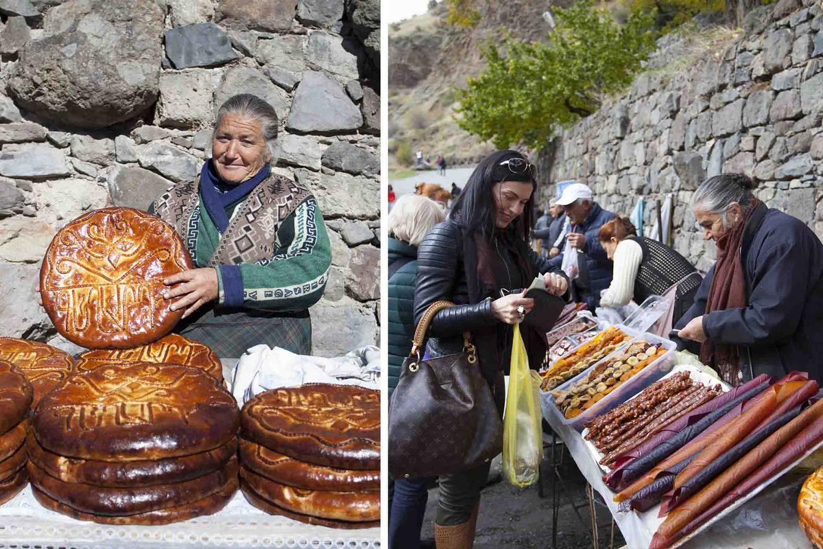 (Left) An Armenian woman sells sweet bread along the trail to Geghard Monastery; (Right) Travelers purchase local sweet Armenian treats during a visit to Geghard Monastery. (Left: YuG/Shutterstock; Right: YuG/Shutterstock)