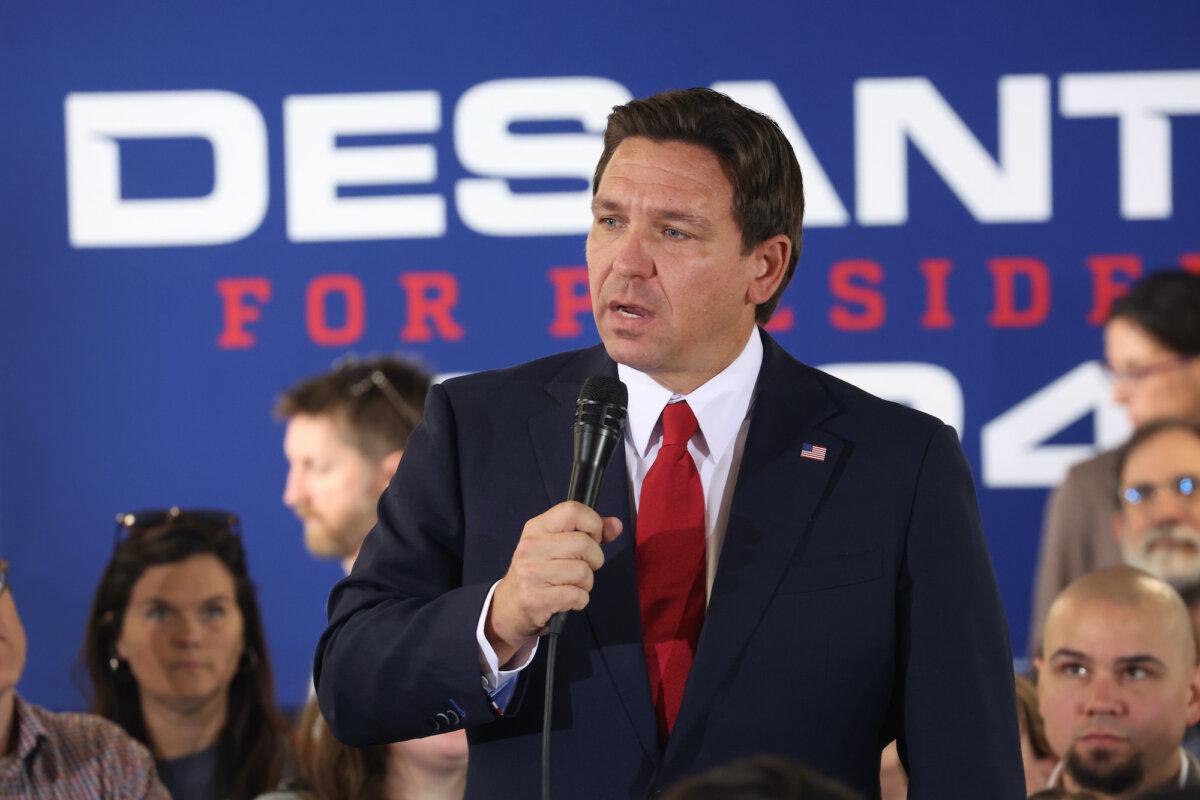 Republican presidential candidate Florida Gov. Ron DeSantis speaks to guests during a campaign event at Refuge City Church in Cedar Rapids, Iowa, on Oct. 8, 2023. (Scott Olson/Getty Images)