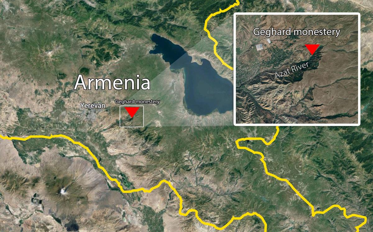 A map shows Geghard Monastery located along the Azat River, east of Yerevan, Armenia. (Screenshot/Copyright TerraMetrics, LLC; Google Maps)