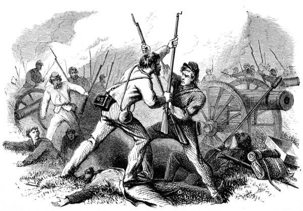 "Battle of Glendale—Contest around General McCall's Cannon," 1864, engraving. Frontispiece from Rev. J.J. Marks, Peninsula Campaign in Virginia. J.B. Lippincott & Co. (Public Domain)