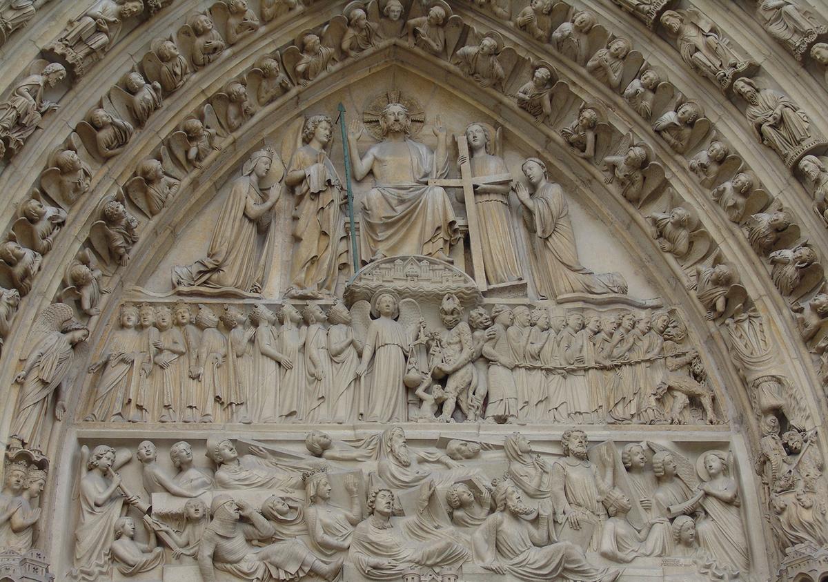 A detail of the "The Last Judgement" on the central portal to the Notre Dame Cathedral in Paris. (Wirestock Creators/Shutterstock)