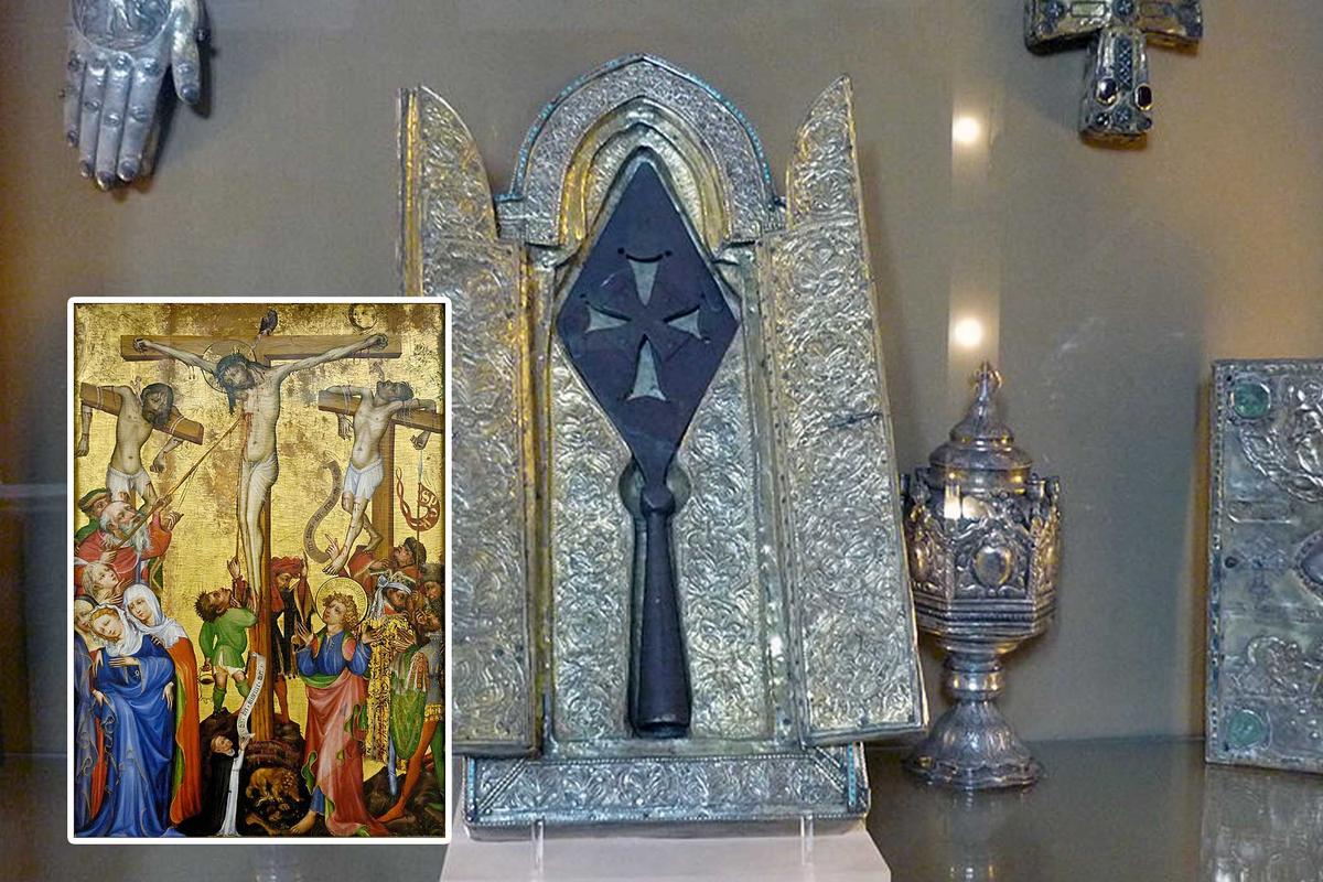 The spear that pierced the side of Jesus, known today as the "Holy Lance," is conserved at the Treasure of Etchmiadzin Museum in Armenia <a href="https://en.m.wikipedia.org/wiki/File:Holy-lance-Echmiadzin.jpg">(Public domain)</a>; (Inset) "Crucifixion," possibly by Hermann Schadeberg, between 1410 and 1415. <a href="https://en.m.wikipedia.org/wiki/File:Crucifixion_Strasbourg_Unterlinden_Inv88RP536.jpg">(Public domain)</a>