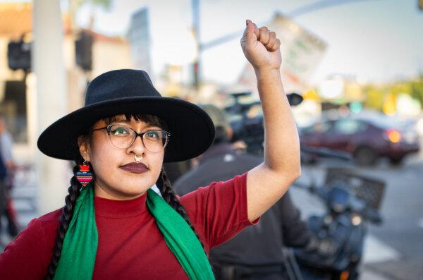 Maria Flores, a member of Union del Barrio, gathers with supporters of Palestinians and Hamas in Los Angeles, Calif., on Oct. 12, 2023. (John Fredricks/The Epoch Times)