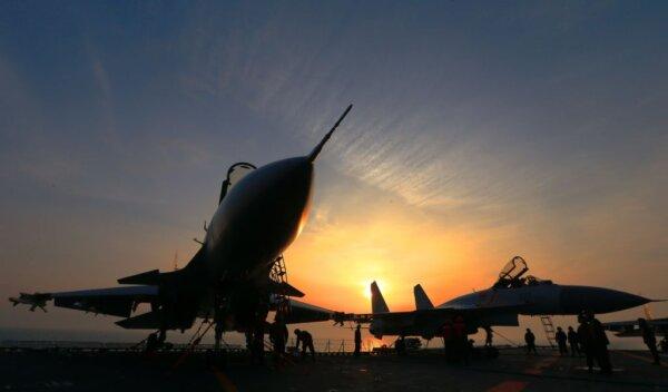 J15 fighter jets on China's sole operational aircraft carrier, the Liaoning, during a drill at sea on April 24, 2018. (AFP via Getty Images)