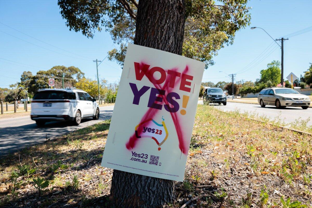 A defaced Vote Yes sign is seen in Bassendean in Perth, Australia, on Oct. 14, 2023. (AAP Image/Richard Wainwright)