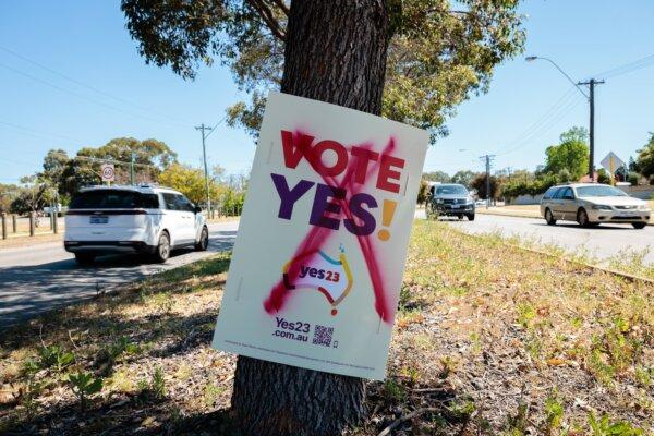 A defaced Vote Yes sign is seen in Bassendean in Perth, Australia on Oct. 14, 2023. (AAP Image/Richard Wainwright)