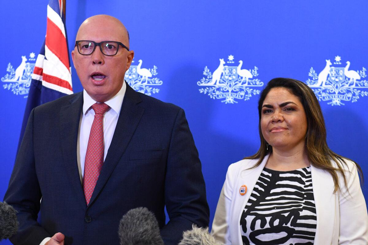 Opposition Leader Peter Dutton and Shadow Minister for Indigenous Australians Senator Jacinta Price address the media during a press conference in Brisbane, Australia, on Oct. 14, 2023. (AAP Image/Jono Searle)