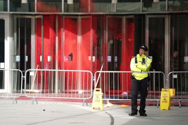 The scene at BBC Broadcasting House in London, after red paint was sprayed over the entrance on Oct. 14, 2023. (James Manning/PA)