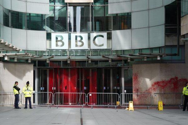 The scene at BBC Broadcasting House in London, after red paint was sprayed over the entrance on Oct. 14, 2023. (James Manning/PA)