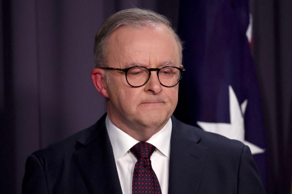 Australia's Prime Minister Anthony Albanese reacts as he speaks during a media conference at Parliament House in Canberra, Australia, on Oct. 14, 2023. (David Gray/AFP via Getty Images)